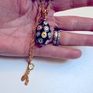 Joan Rivers 18 KGP Faberge dot pattern enamel egg pendant necklace Vintage EC
